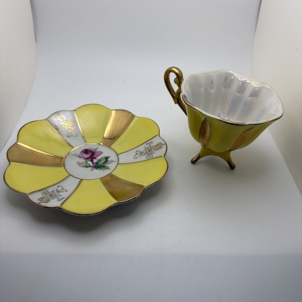 Vintage Wales Porcelain Footed Tea Cup Saucer Set Yellow Gold Lusterware Rose